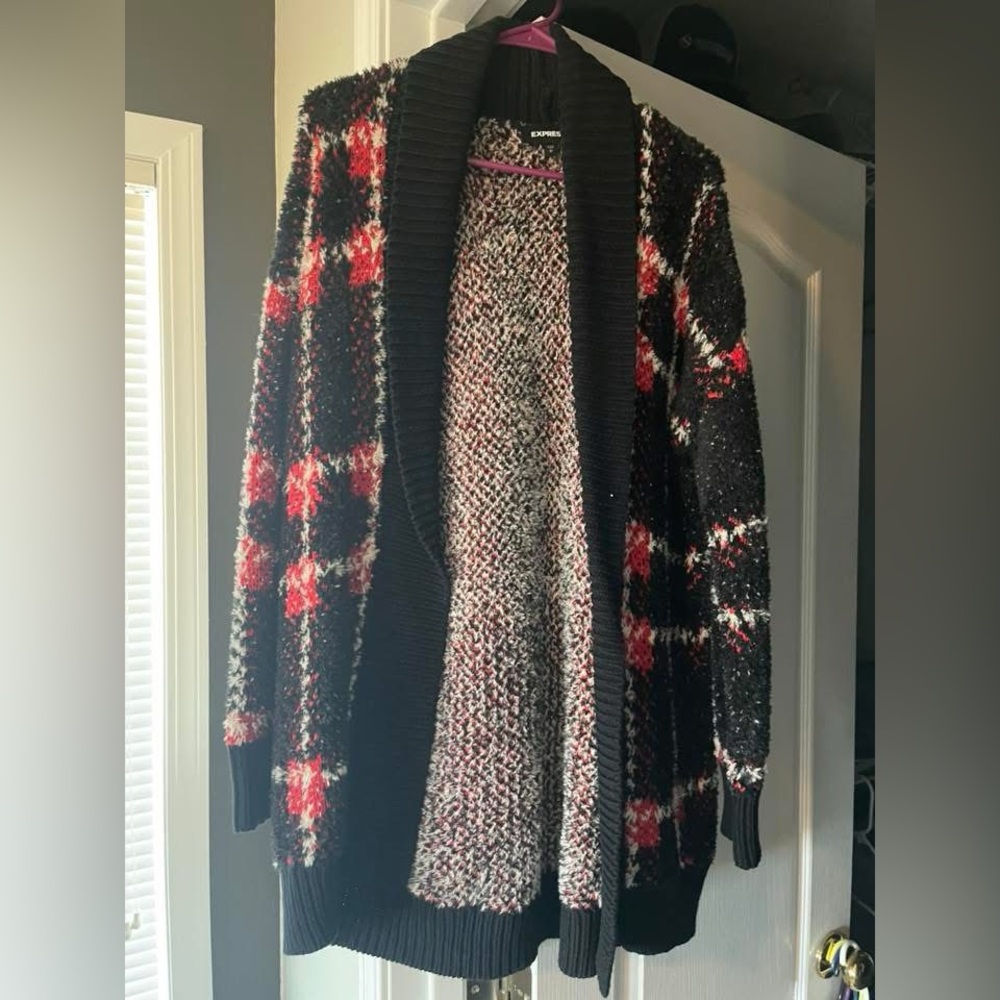 Express Women's Black and Red Checkered Cardigan